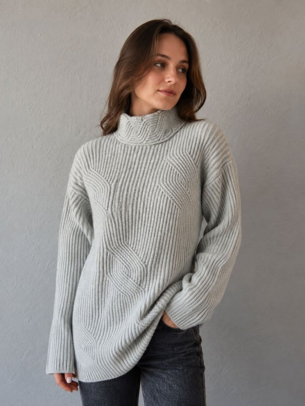 Wood & Gray light gray ribbed knit turtleneck sweater chevron Size M Vintage